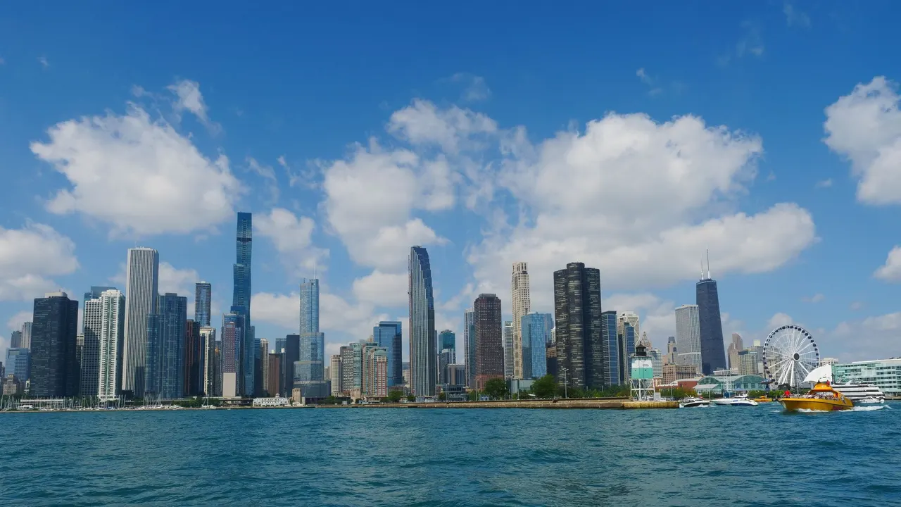 The Chicago skyline and Navy Pier from Lake Michigan.